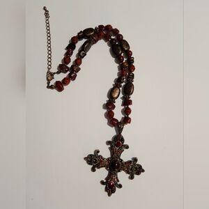Elegant Cross Pendant Necklace with Red and Brown Beads